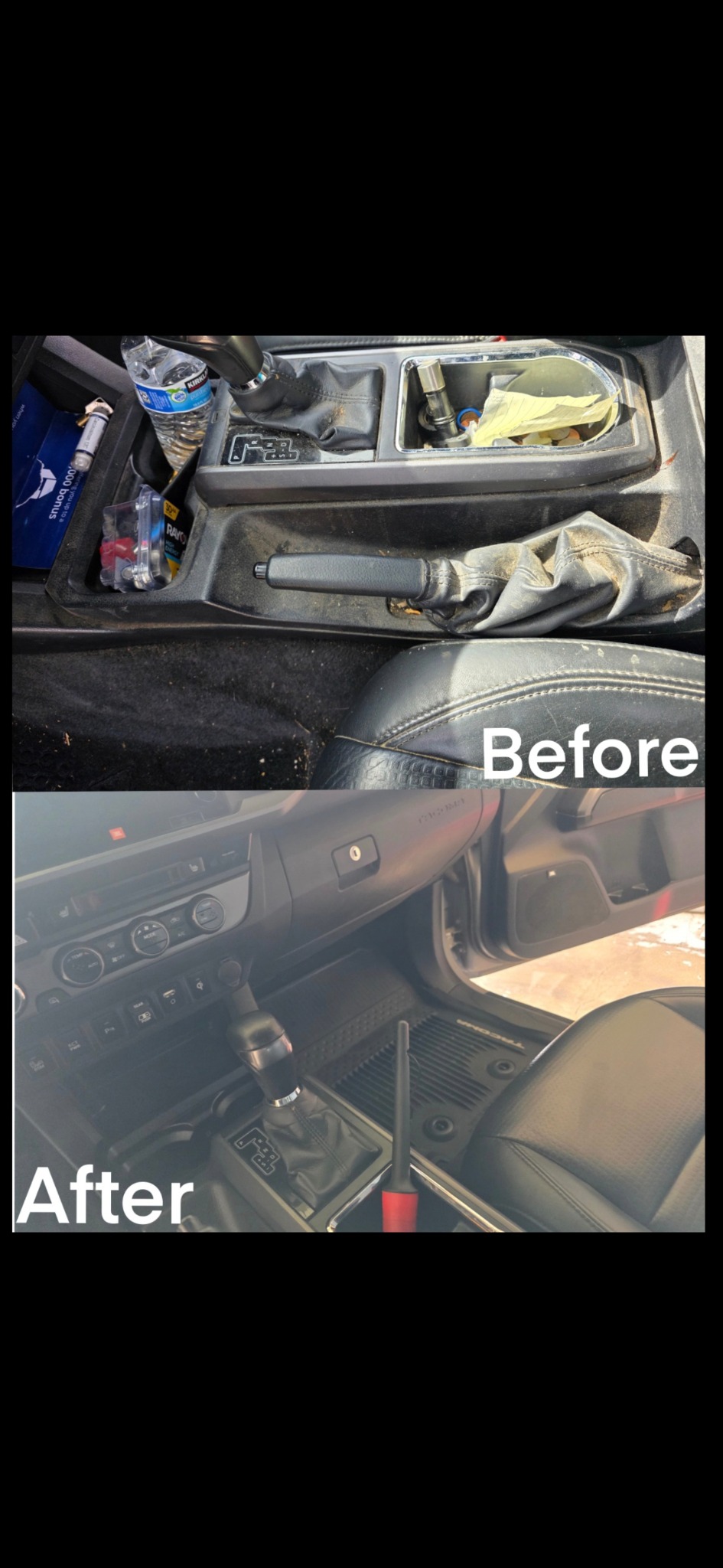 Center console before cleaning at the top and after cleaning at the bottom