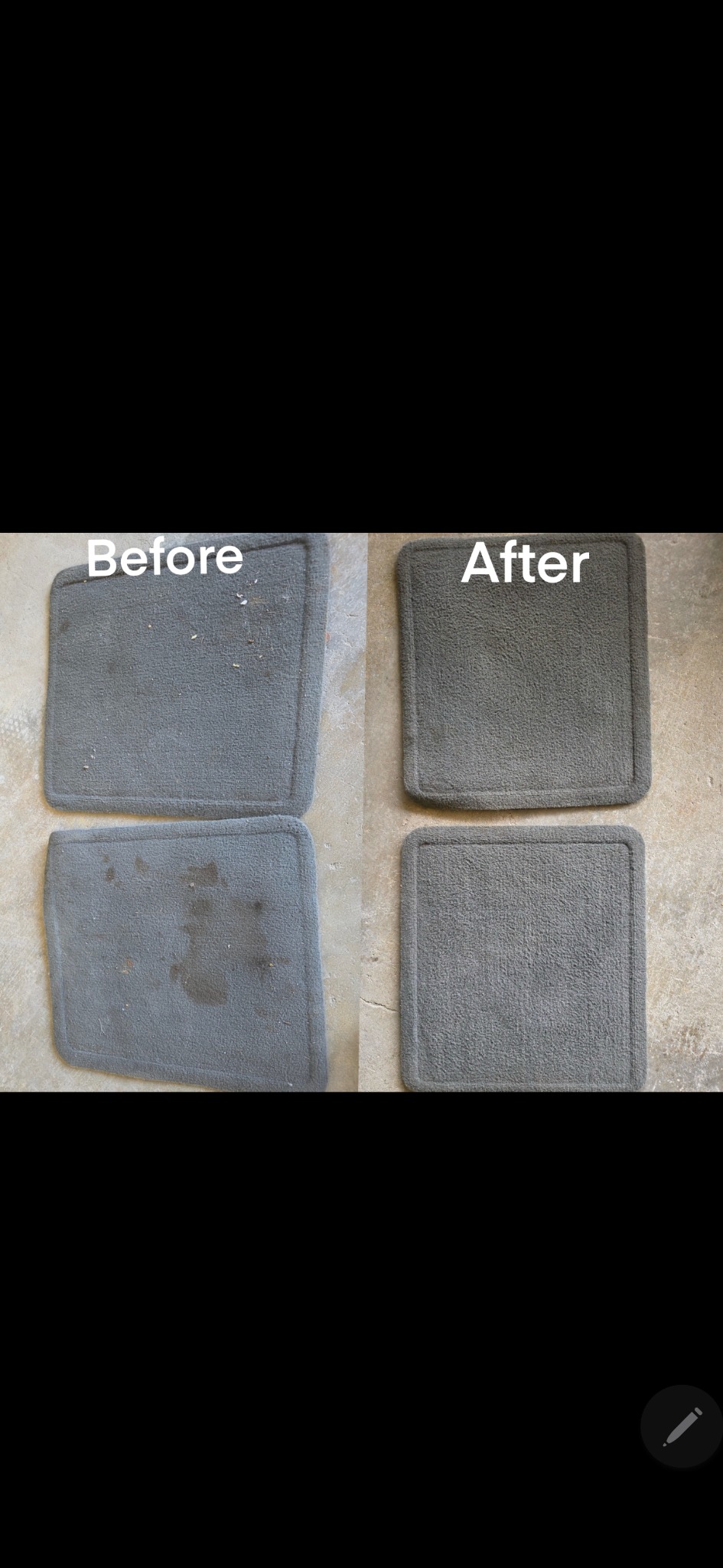 Gray floor mats before cleaning on the left and after cleaning on the right